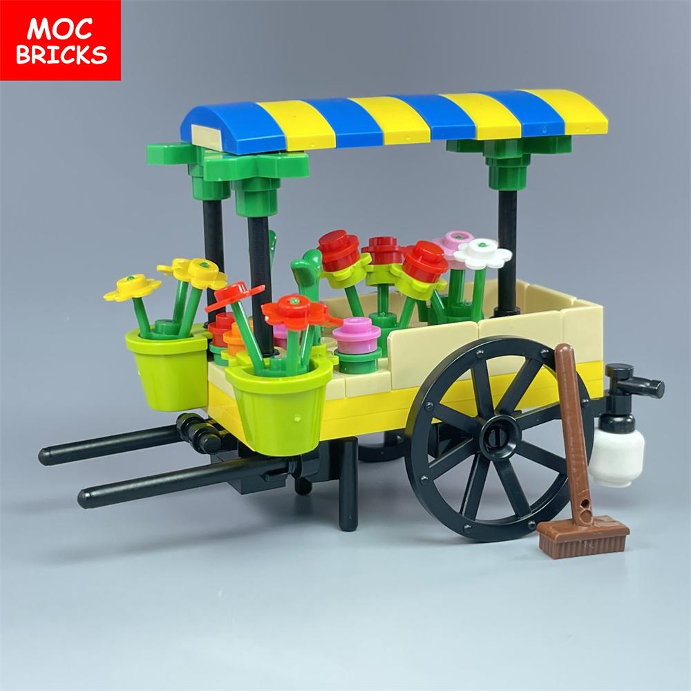 MOC Кубики Цветочная тележка Рыночный киоск Цветочный магазин Уличный вид Игрушка Образовательные конструкторы для детей Собранные игрушки Детские подарки