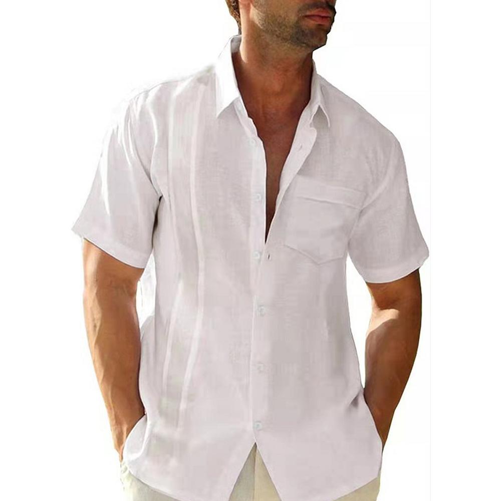 Мужская хлопково-льняная рубашка с коротким рукавом, летние повседневные однотонные пляжные топы с мешковатыми пуговицами