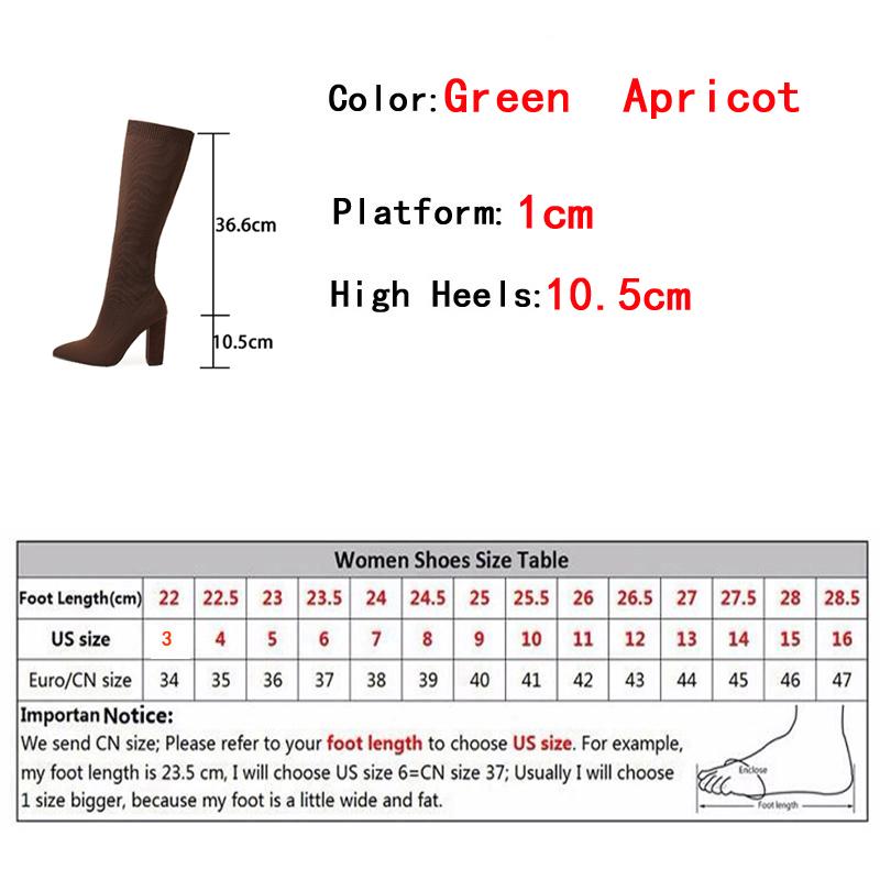 Liyke Green Women Cozy Knitting Stretch Fabric Knee High Boots Fashion Square Heels Autumn Winter Sock Long Shoes Booties Female
