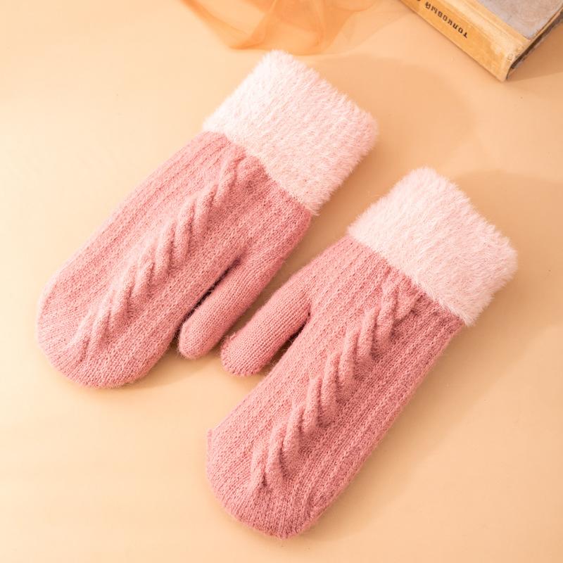 Winter Women Keep Warm Plus Velvet Wrist Thicken Jacquard Twist Wool Knitting Gloves Full Finger Cycling Drive Cute Mittens