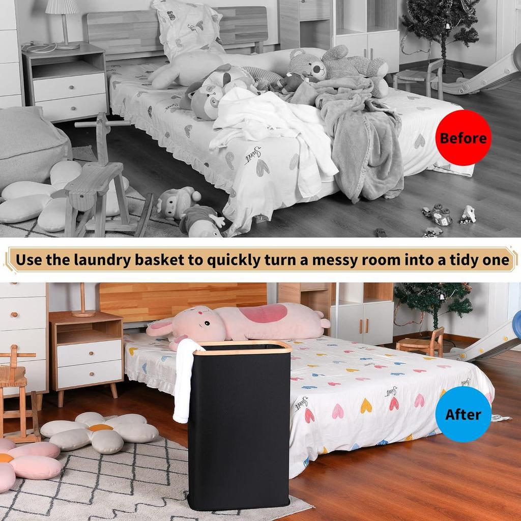 Foldable Bamboo Laundry Basket with Lid and Inner Bag for Bathroom/Bedroom