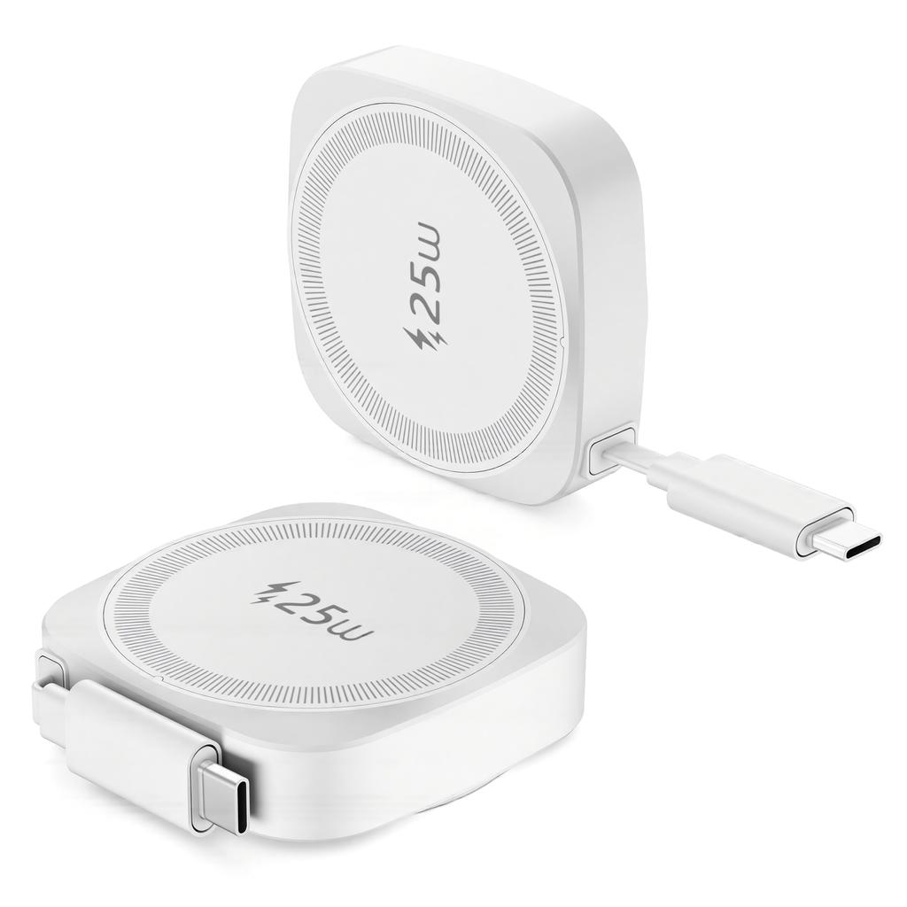 25W Pocket Magnetic Wireless Charger for iphone 16 /17 Type c Charging Adapter with Retractable Cable CE RoHS FCC Certificated