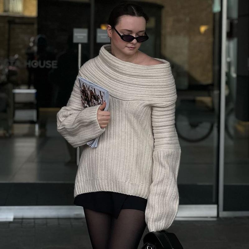 Свитер с открытыми плечами для женщин, осень-зима, свободный, с длинным рукавом, вязаный, женский, уличный, повседневный, большой, топ, пэчворк, свитера для поездок на работу, женские