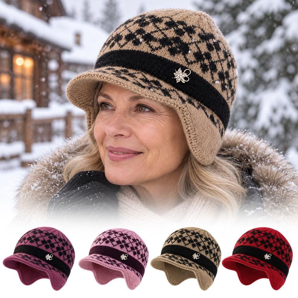 Warm Peaked Winter Hat Fleece Lined Beanie Hat Fashion Knitted Hat Elderly Women