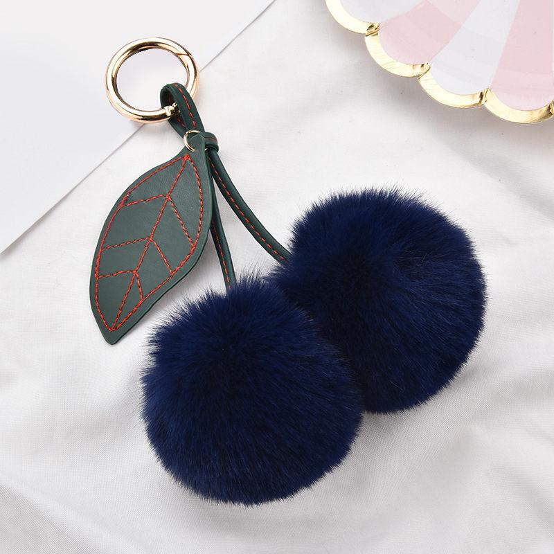 Fashion New Cute Fluffy Artificial Rabbit Fur Ball Pompom Leaf Keychain Cherry Key Chain Handbag Pendant Car Key Chain Ring