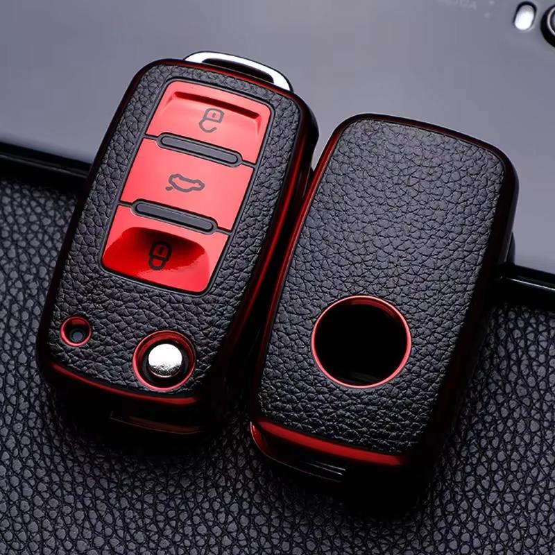 APRUB1 Leather Car Key Case Keys Full Cover Protection Shell Bag for VW Volkswagen Polo Tiguan Passat Golf Jetta Lavida Skoda Octavia