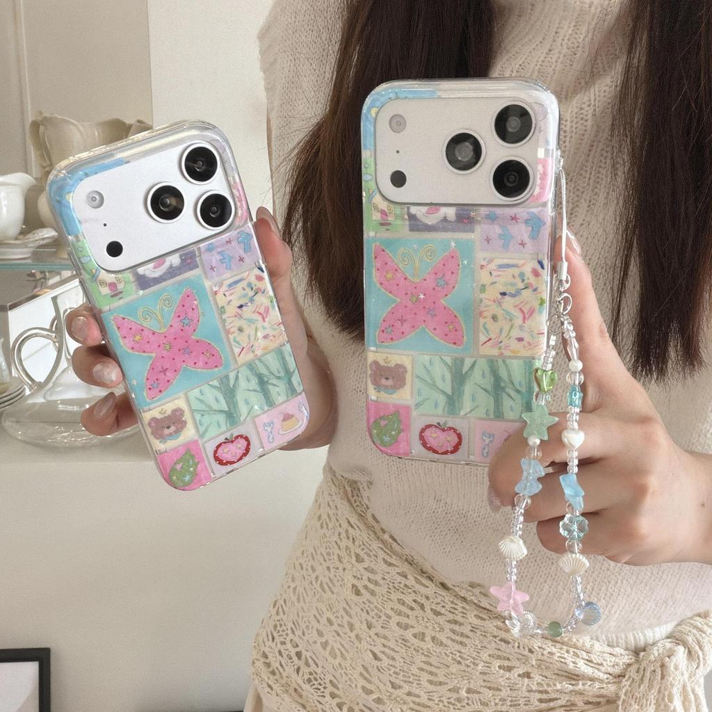 Винтажный чехол-патчворк с бабочкой и медведем для iPhone 15P, 16 и 17 Pro Max