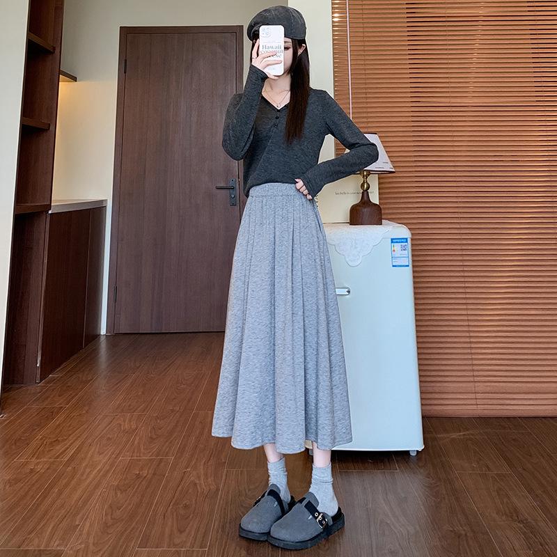Women's H560 High Waist A-Line Gray Knit Skirt - Slim Fit, Long Umbrella Style for Spring and Autumn