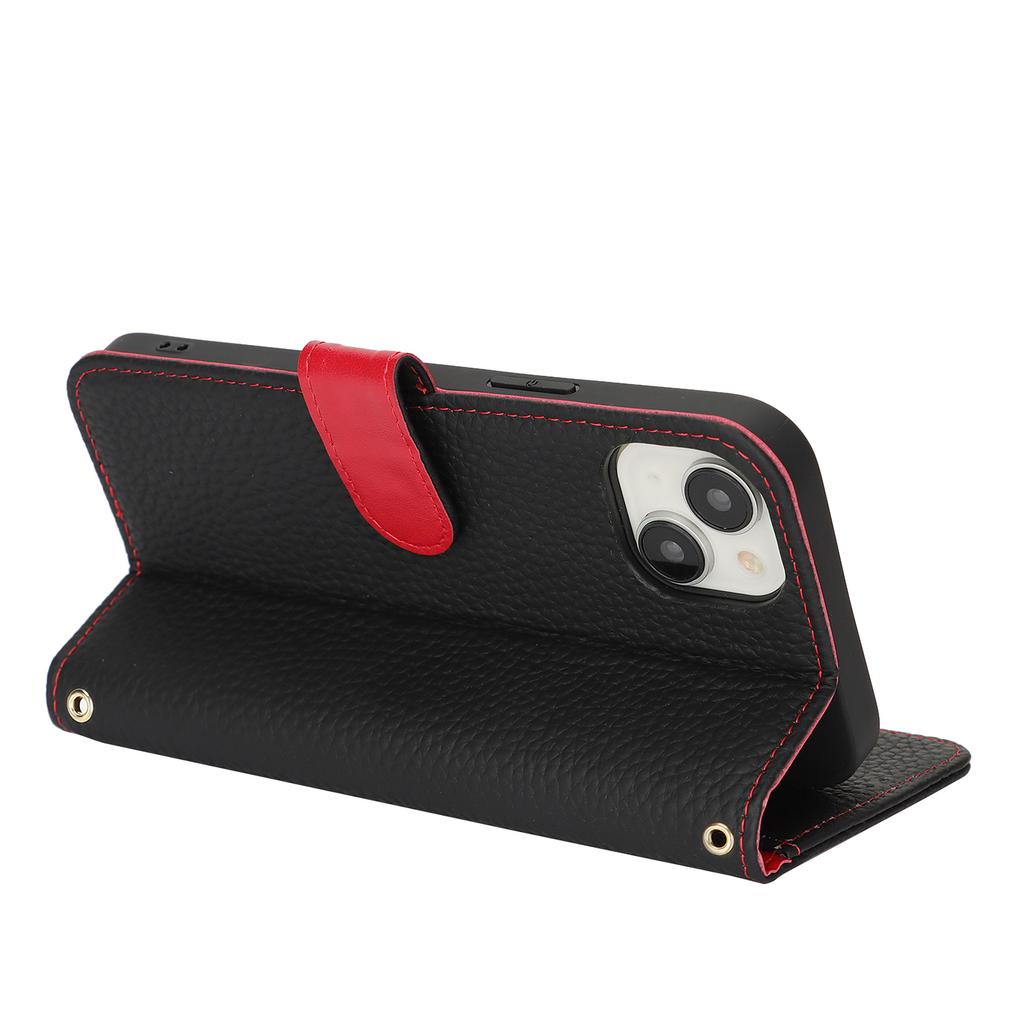 For iPhone 13 mini Stand Case Litchi Texture Genuine Cow Leather Wallet Phone Cover RFID Blocking
