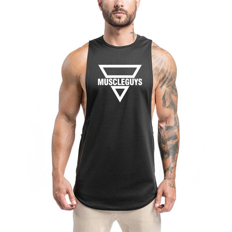 Muscleguys Летняя спортивная одежда, топы для фитнеса, мужские хипстерские тренировочные жилеты с буквенным принтом, мужские повседневные майки с круглым вырезом, спортивная майка