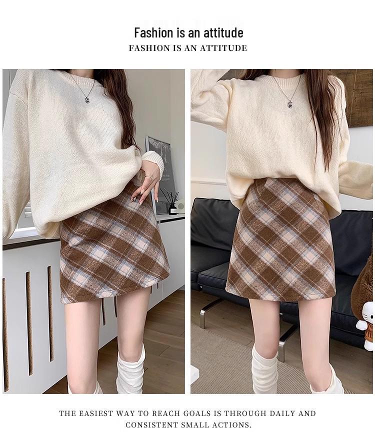 Женская мини-юбка в клетку из смесовой шерсти с завышенной талией в стиле ретро 2025 - Маленькая облегающая А-силуэта для осени/зимы