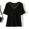 Stretch Cotton Yarn Makes You Look Top Slim! Lean Women Beads V-neck Short Sleeve Pullover T-shirt Quality Summer Welfare