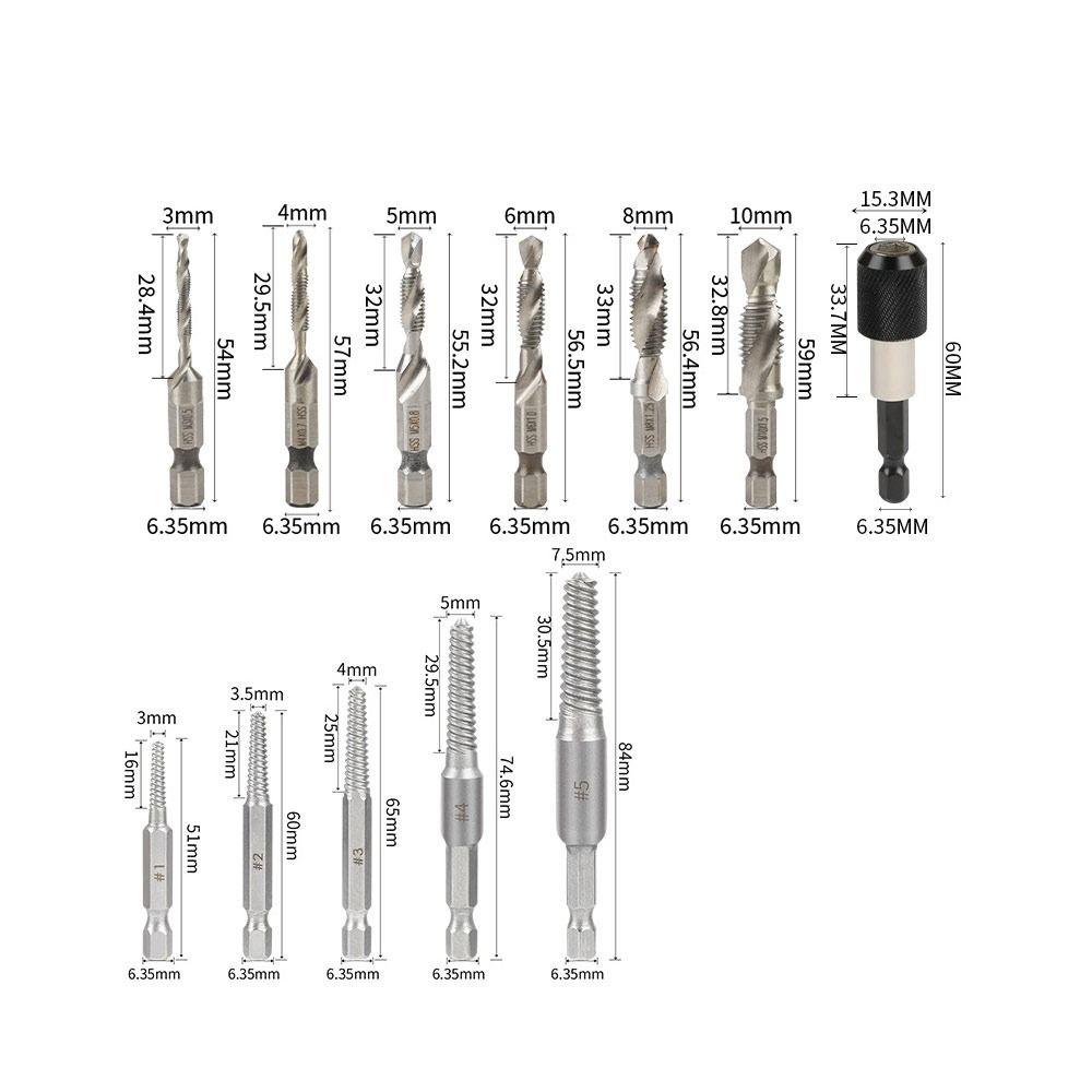 Набор метчиков и сверл с шестигранным хвостовиком 12 шт./набор с ящиком для хранения, противоскользящий, из быстрорежущей стали, метчик для нарезания резьбы, экстрактор метчиков
