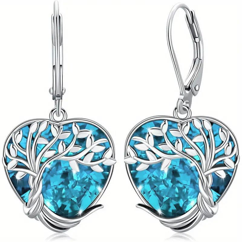 925 Silver Blue Crystal Heart Zircon Earrings For Woman Vintage Tree Shaped Engagement Charm Jewelry Gift