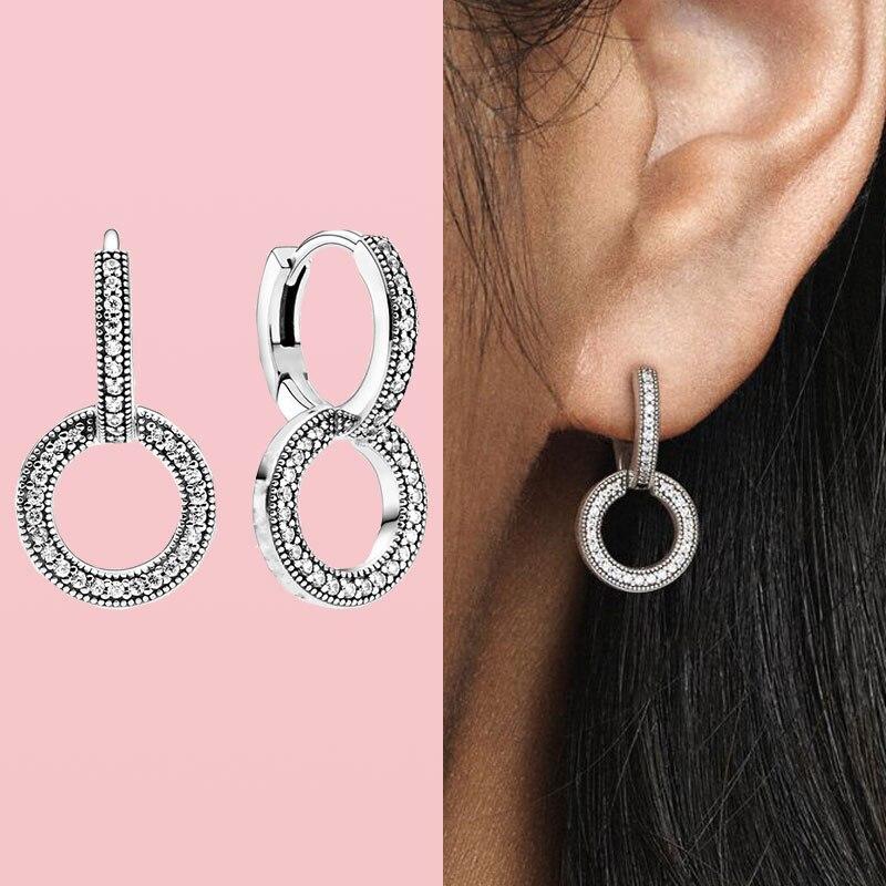 New 925 Sterling Silver Pendiente Sparkling Double Hoop Earrings For Women Fit Original Charm Earrings Fine Jewelry