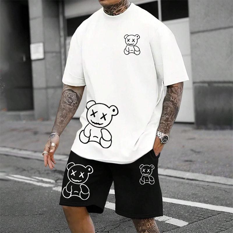 2025 Fun Bear Harajuku футболка мужская летняя свободная повседневная пара костюм для улицы шорты с коротким рукавом двухсекционный мужской летний костюм