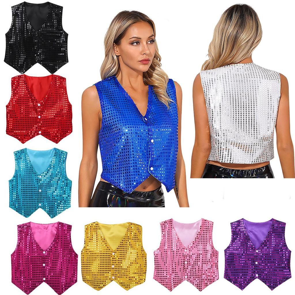 Womens Glitter Sequins Vest Pointed Hem Waistcoat for Jazz Dance Choir Performances