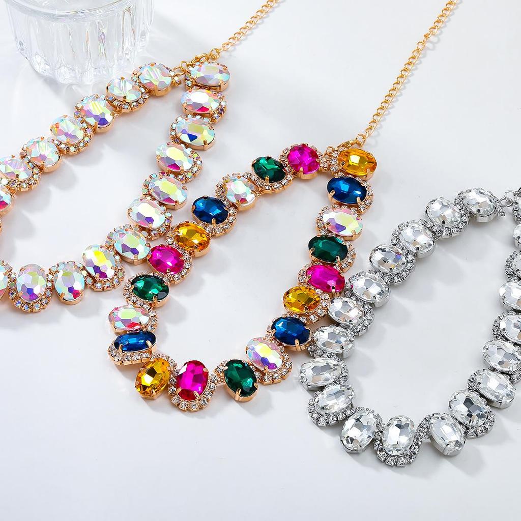 2024 Европейское и Американское преувеличенное ожерелье с когтями: Овальные цветные стеклянные и бриллиантовые свадебные украшения