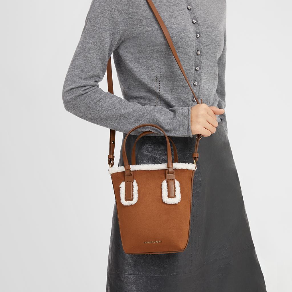 Charles & Keith Plush Series Minimalist Tote Bag Crossbody Bucket Bag PU Fabric Handbag Small Women bags Brown CK2-30271443-1