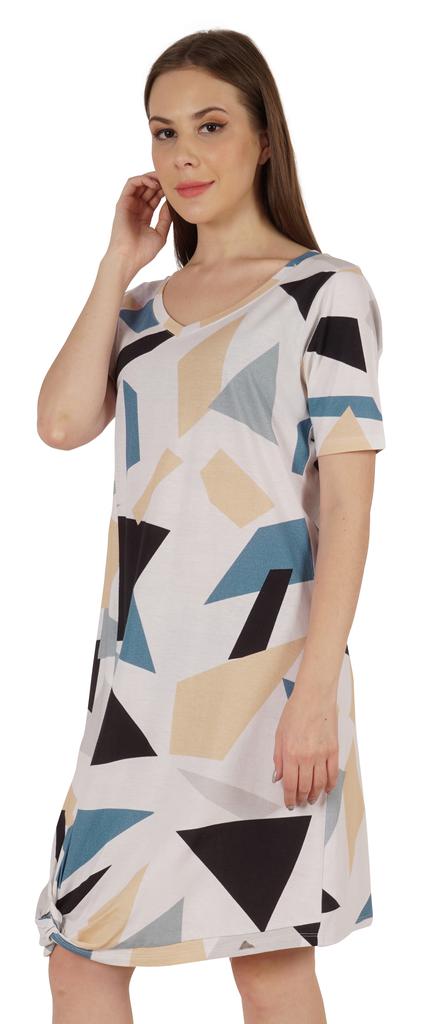 Moomaya Cotton Jersey Printed Midi Dress For Women V-Neck Summer Short Sleeves Knee Length