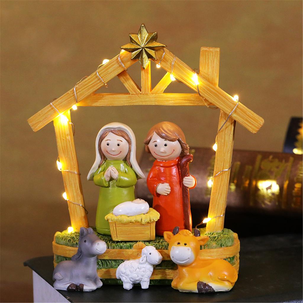 LED Lighted Festival Resins Nativity Figurines Ornament Set Holiday Tabletop Decoration for Christmas Party Decors Gift