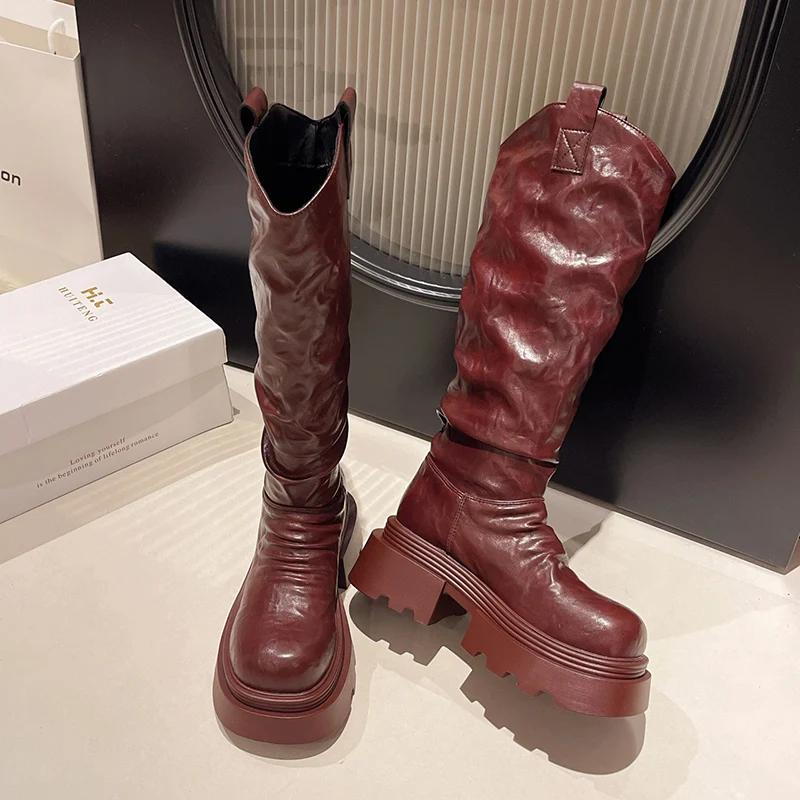 Зимние женские ботфорты из короткого плюша, модные слипоны, рыцарские длинные ботильоны, женские повседневные ботинки на платформе и каблуке, женские боты