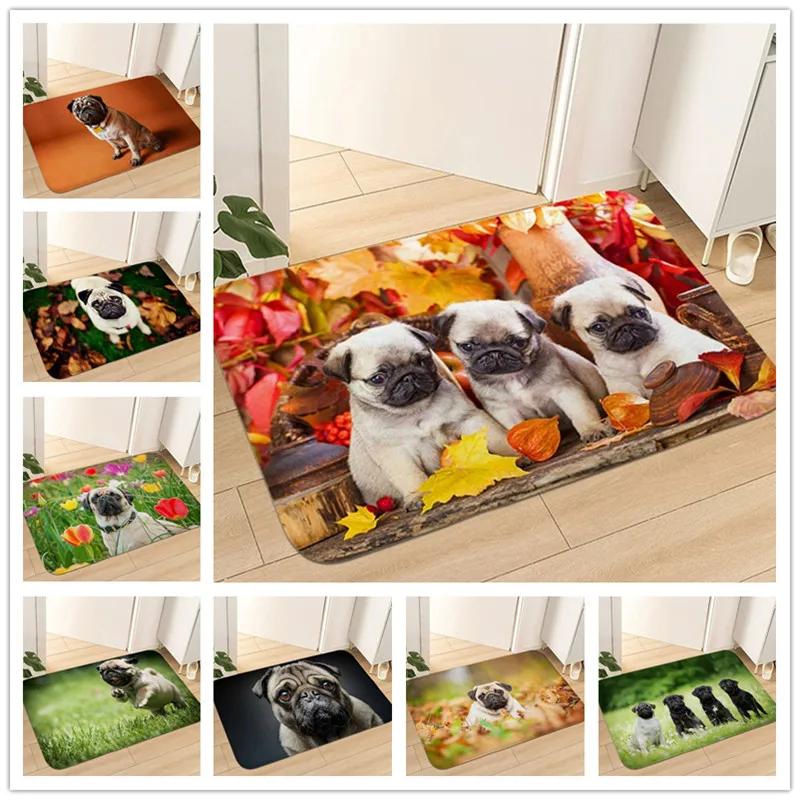 Cute Pug Dog Pattern Welcome Mat Non-Slip Indoor Outdoor Home Decor Carpet Kitchen Floor Rugs Bedroom Bathroom Entrance Doormat