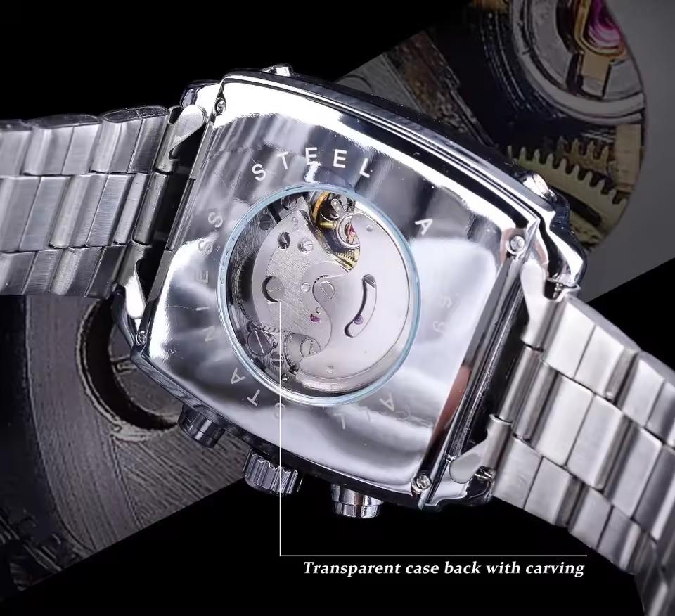JARAGAR 569 Unique Simple Men's Automatic Mechanical Watch Retro Square Dial Calendar Week Steel Strip Casual Men's Clock Gift