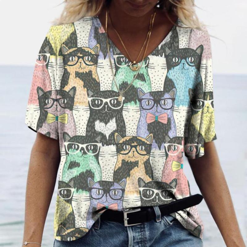Женская футболка с забавным принтом кота Женская футболка Футболка свободного покроя Топ Летняя НОВАЯ повседневная женская одежда Дизайнерские топы с V-образным вырезом Футболки