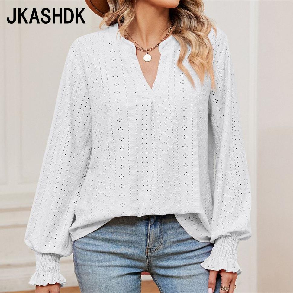 JKAASHDK женские модные повседневные летние весенние однотонные свободные топы с длинными рукавами и v-образным вырезом, блузки и рубашки