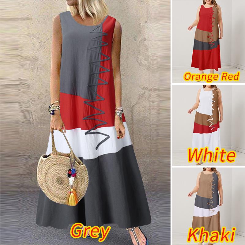 Women Round Neck Sleeveless Summer Vintage Print Cotton Long Dress