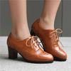 Women's High-heeled Single Shoes Spring and Summer Carved British Style Thick Heel Large Size Lace-up Low-top Shoes