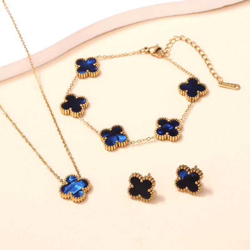 3PCS Double-sided Clover Jewelry Necklace Bracelet Earring Set