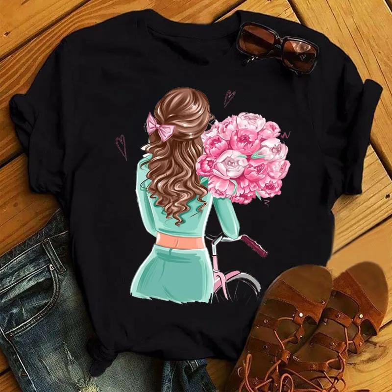 Fun Girl Printed Pattern Round Neck Short Sleeve Tshirt Women on Round Neck European American Tops Tees