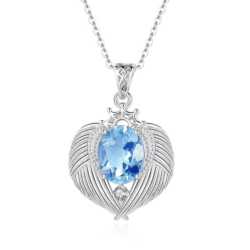 Natural Color Treasure Crystal Stone Angel Wings Pendant S925 Sterling Silver Necklace Women's Premium Clavicle Chain