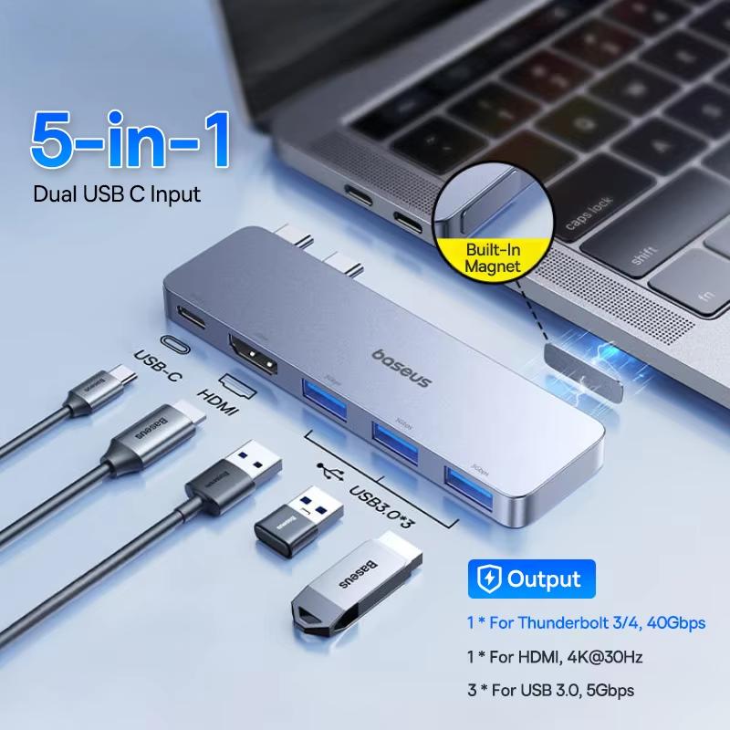 Baseus Двойной USB-C Хаб к HDMI-совместимому 4K 30 Гц Для Thunderbolt 3/4 40 Гбит/с USB 3.0 Type C ХАБ SD TF Для MacBook Pro Air USB Хаб