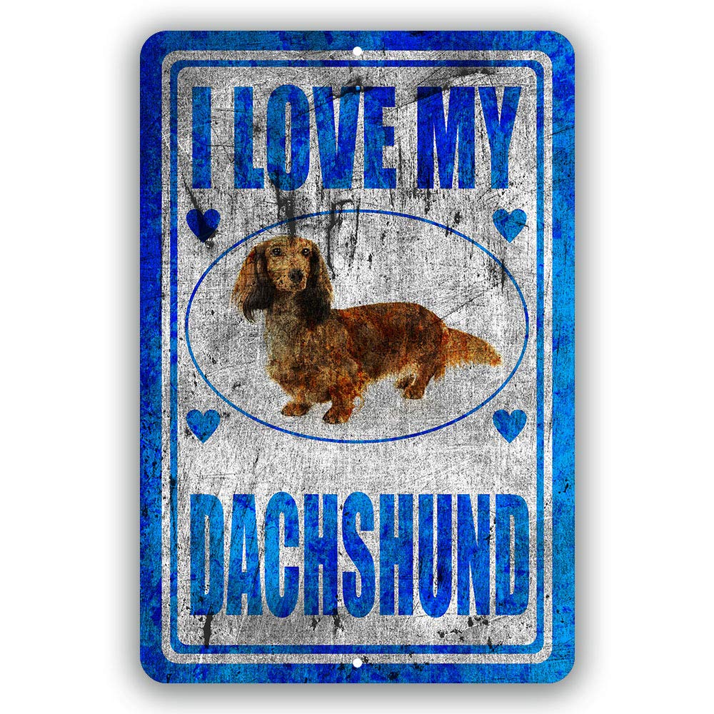 Я люблю свою таксу, человек-пещера, домашняя вывеска, жестяная банка для внутреннего и наружного использования, 8x12 дюймов