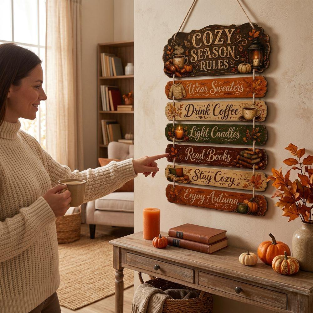 2D Flat Cozy Season Rules Wood Plaque Vintage Pumpkin Maple Door Hanger Farmhouse Decor