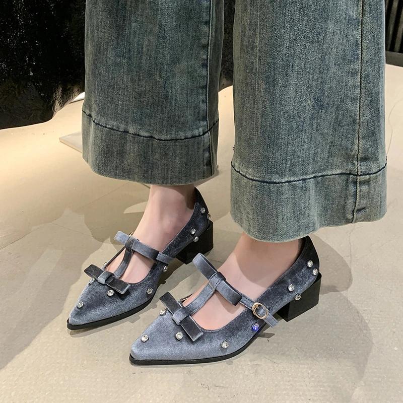 Новые весенние женские туфли-одиночки на квадратном каблуке с острым носком и бантом, ромбовидные туфли для женщин, универсальные, для повседневных поездок на работу, Zapatillas De Mujer