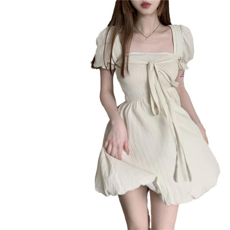 Женское летнее платье-трапеция с завязками, утягивающее, с французским квадратным воротником, с завышенной талией
