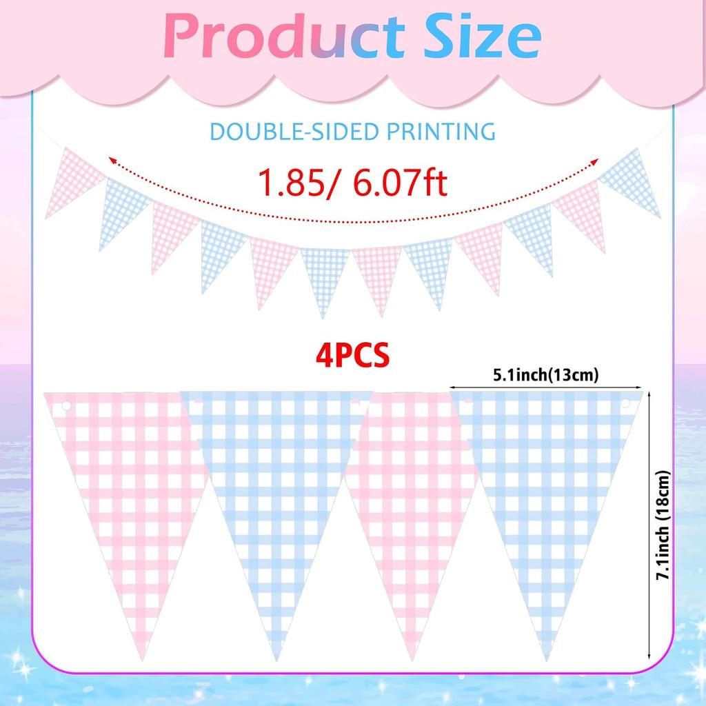 4 Pack Gender Reveal Pennant Banner Blue and Pink Gingham Paper Triangle Flags Hanging Decor for Baby Shower Boy or Girl Gender Reveal Party Backdrop