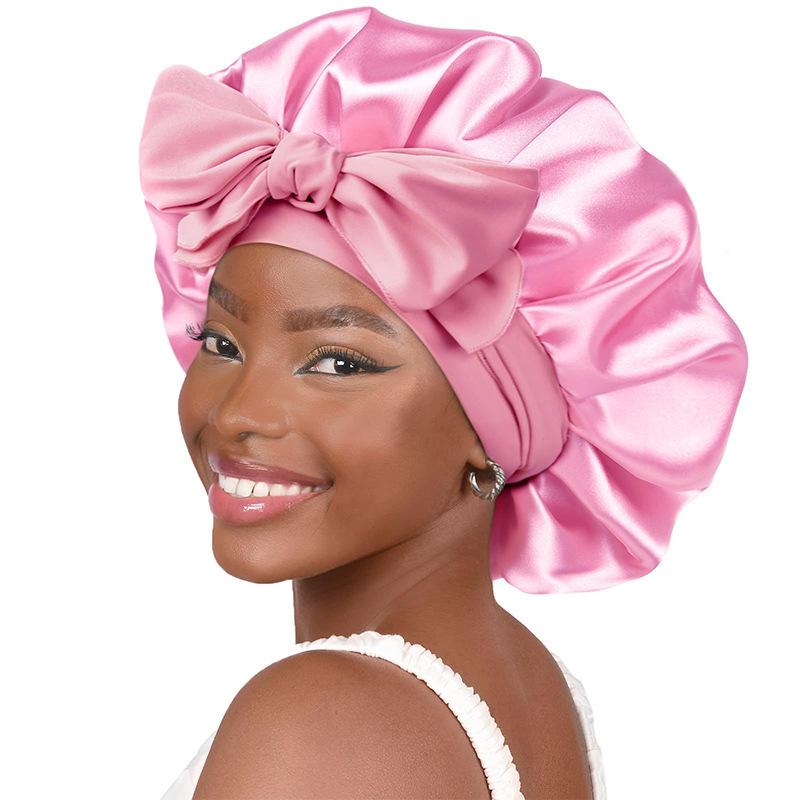 High Elastic Satin Nightcap with Wide Brim & Bow for Salon Hair Care