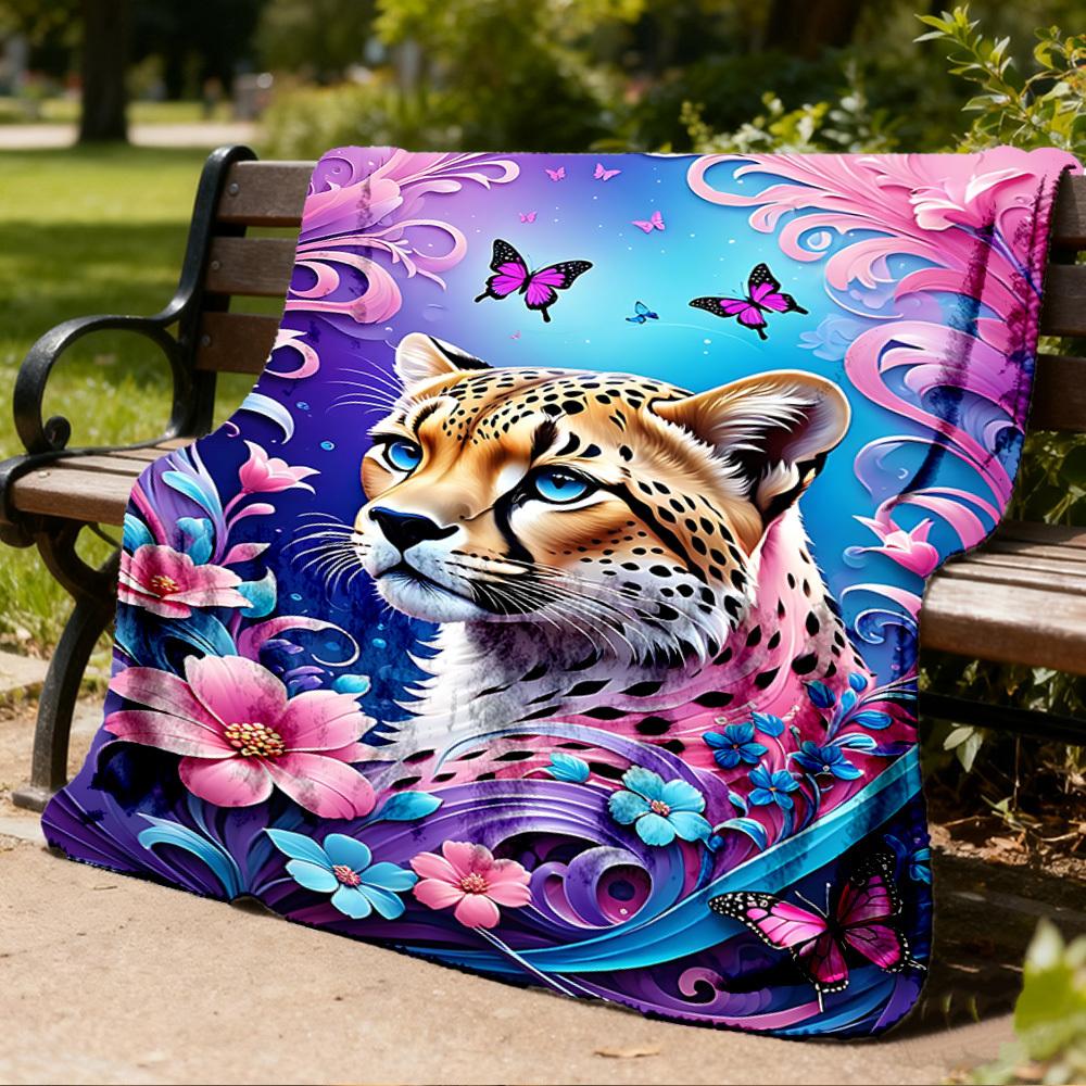1pc Cheetah Floral Butterfly Throw Blanket Polyester Fiber, Lightweight Flannel, Soft & Warm, All Season Use for Outdoor, Camping Digital Print