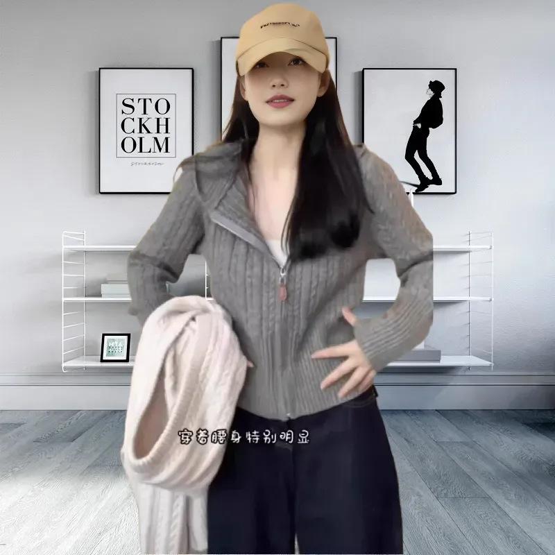 Маленький кардиган с капюшоном, вязаный косичкой, женский, весенний, новый, облегающий и тонкий, короткий свитер-жакет, топ