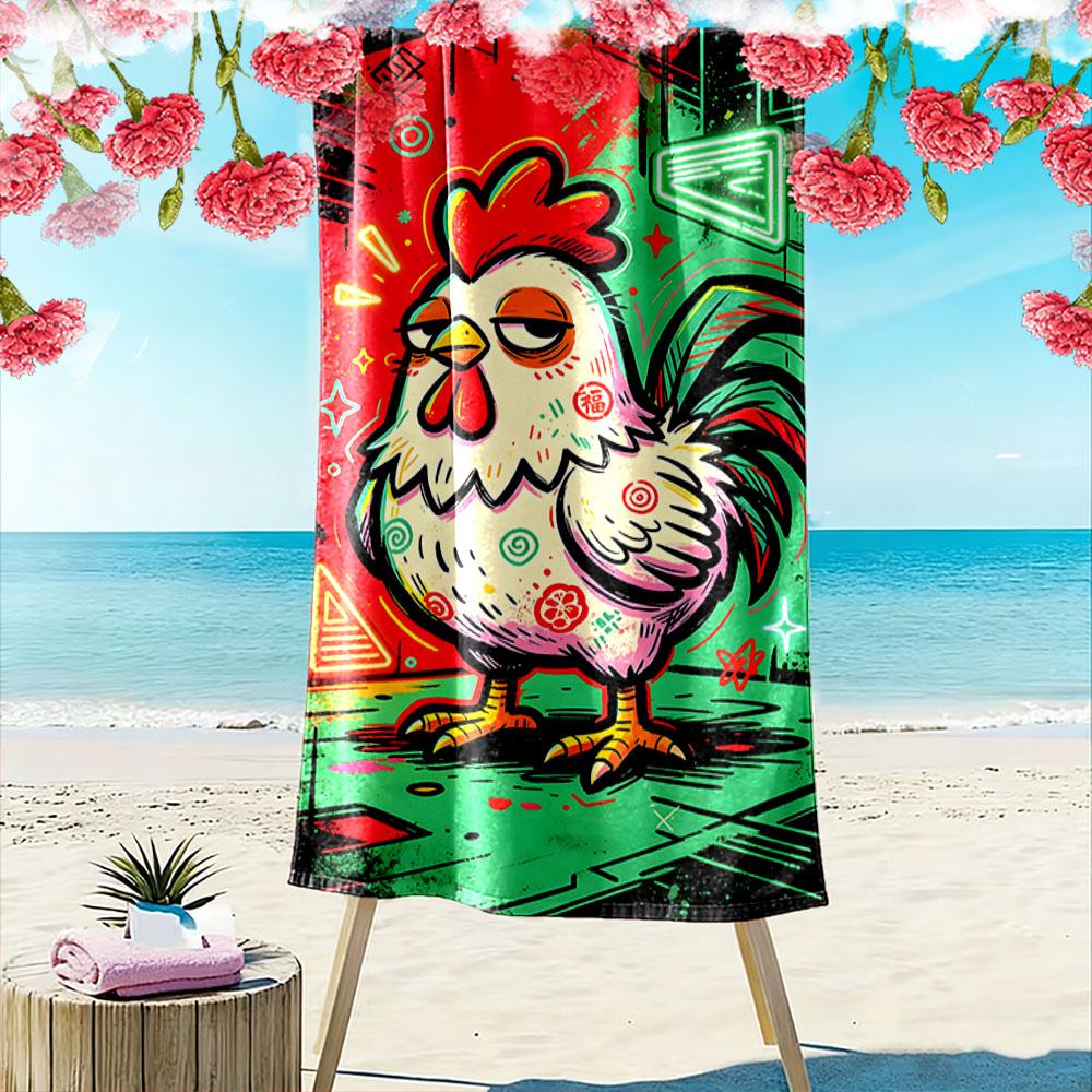Vibrant whimsical rooster vibes Print beach towel, quick drying, suitable for travel, outdoor sports, jogging, the beach and swimming, gift