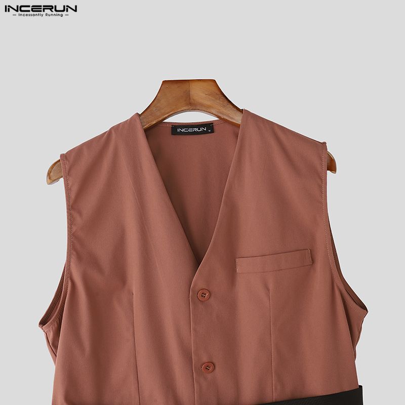 INCERUN Мужские комплекты без рукавов с пуговицами, асимметричные топы и длинные свободные брюки