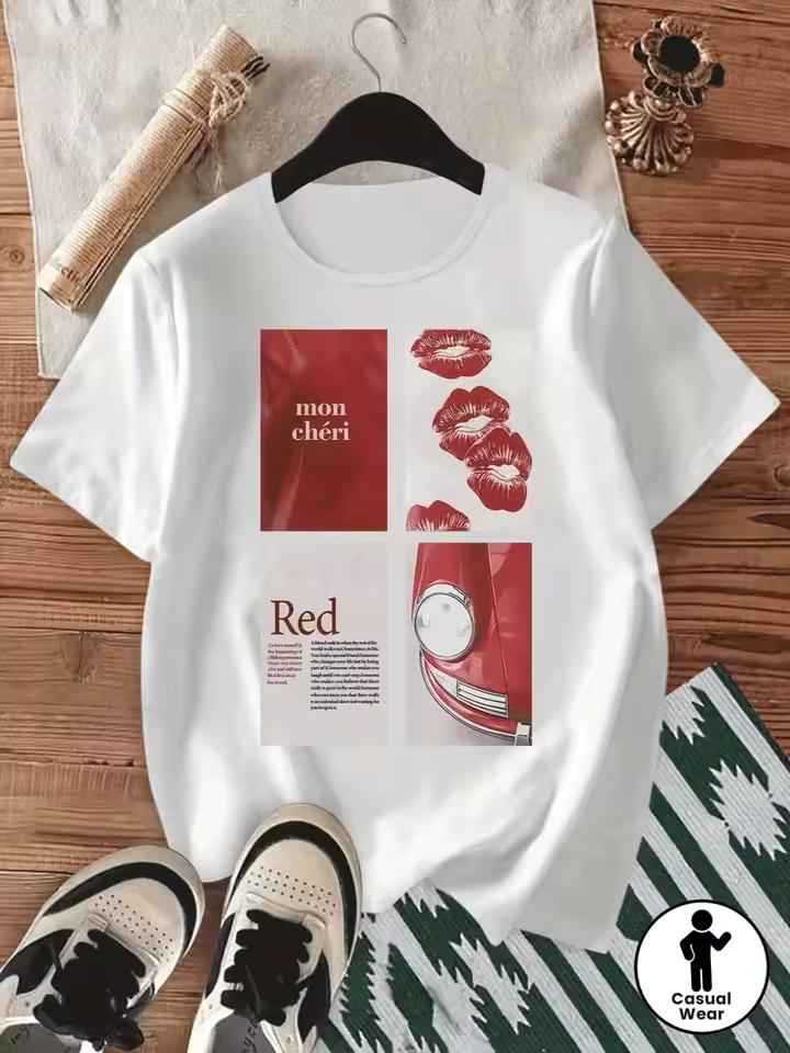 Red Lettering Car Headlight Lips Loose Fit Casual Fashion Versatile Round Neck Short Sleeve Top Men Women Unisex Casual Tops