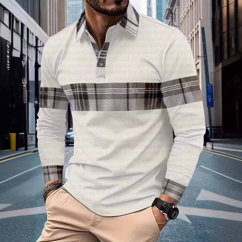 Мужская поло-рубашка с длинным рукавом, в клетку, с цветовыми блоками и принтом вафельного переплетения