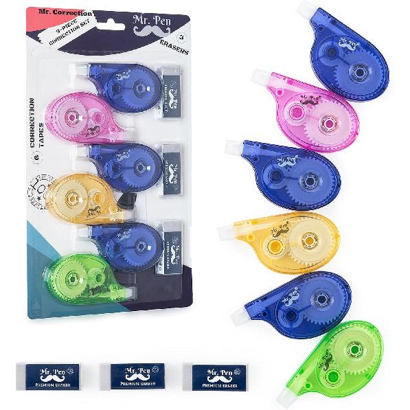 Mr. Pen– 9 Pcs Correction Set, 6 Correction Tapes, 393 inches Each with 3 Free Bonus Erasers, Tear Resistant Correction Tape, Correction Tape White