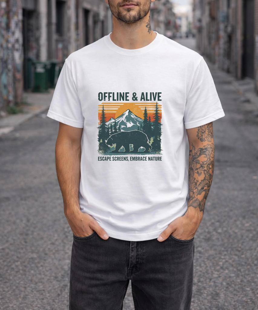 Offline And Alive Shirt Escape Screens Tshirt Nature Graphic Tee Bear Mountain Shirt Retro Outdoor Vintage Sunset Tee